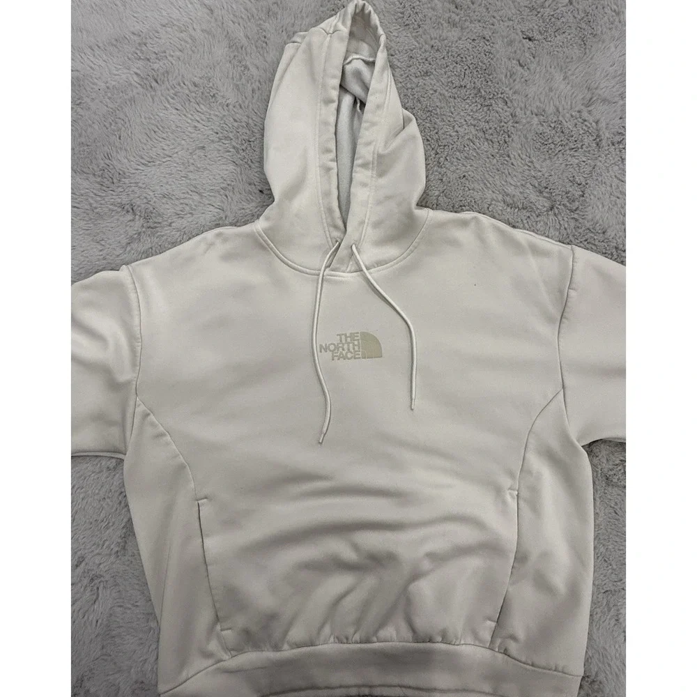 The North Face Men's White Pullover Fleece Hoodie Logo Pockets Drawstring Size M